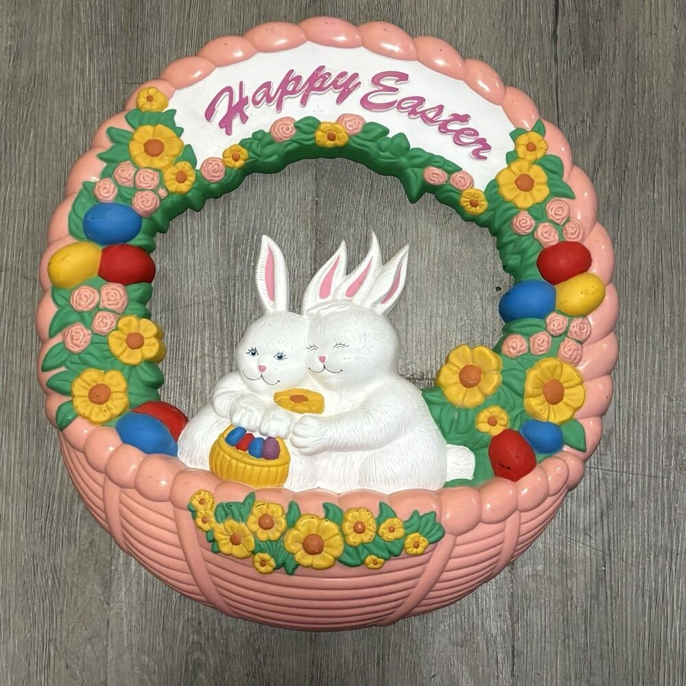 Vintage Empire 1995 Pink Easter Bunny Rabbits Blow Mold Plastic Wreath Large 17”